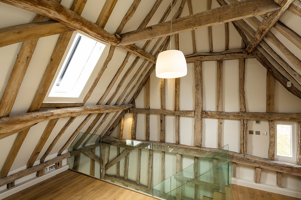 Inside of Callow Farm with conservation carpentry. Oak framed outbuilding.