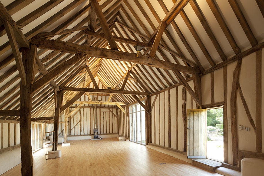 Inside of Ivy House. Oak framed conservation carpentry