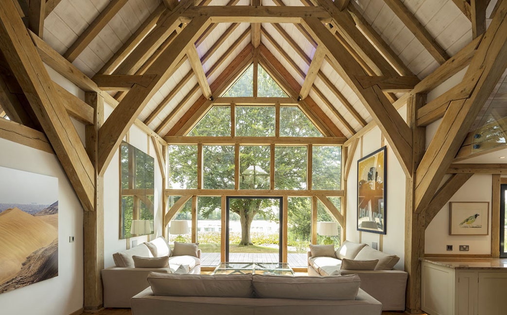 Internal view of oak framed house with oak framed windows