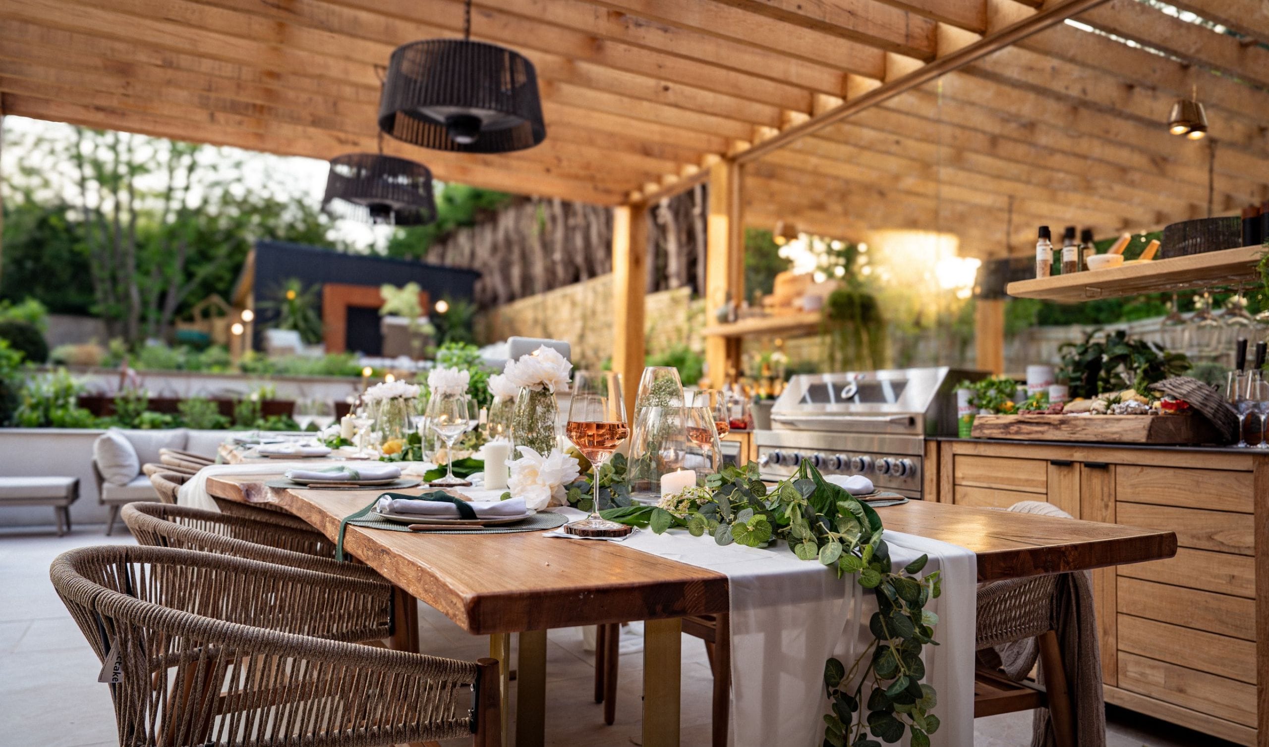 Oak frame pergola set for dinner party