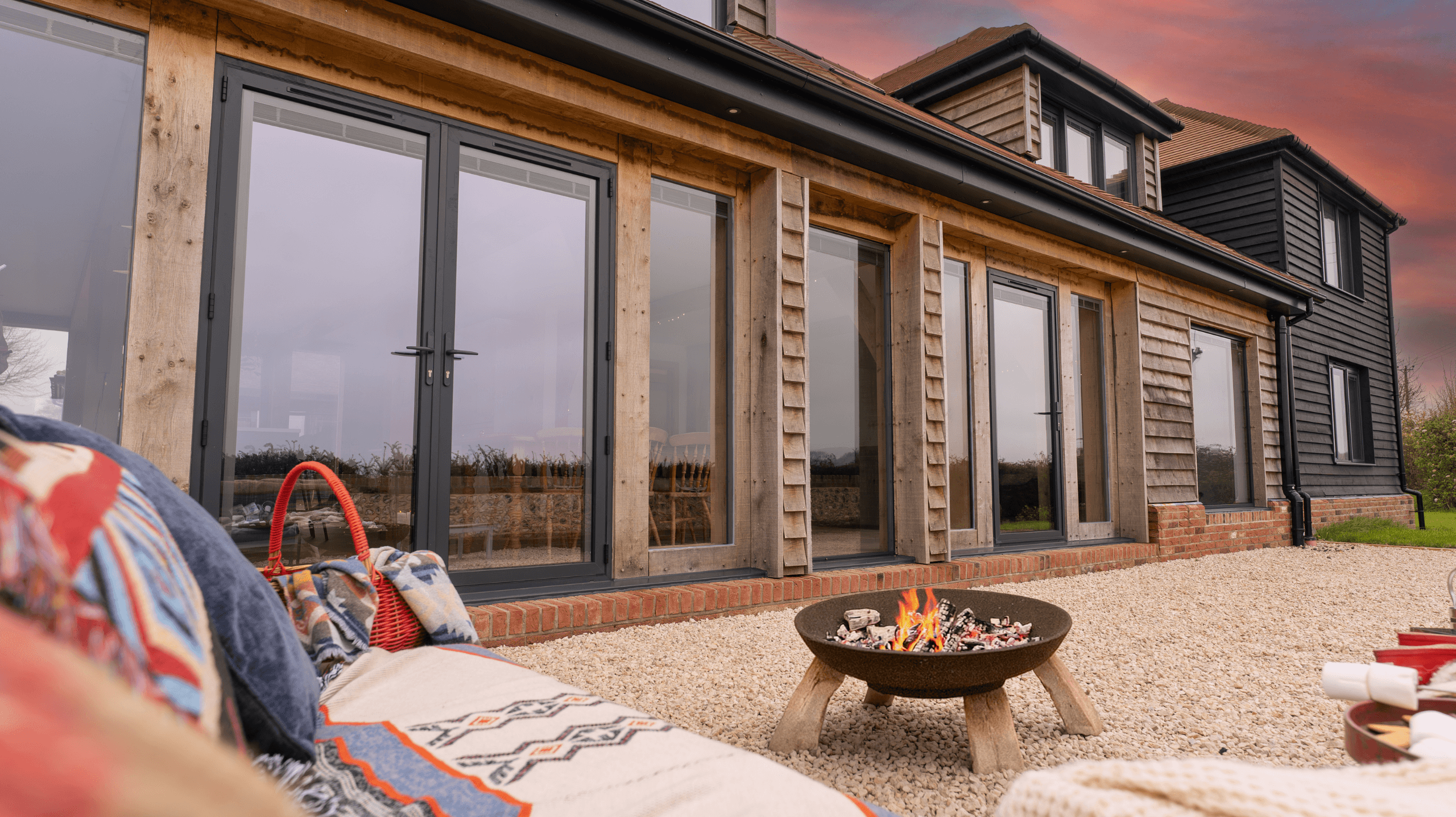 Rushmere Farm oak frame project with fire pit