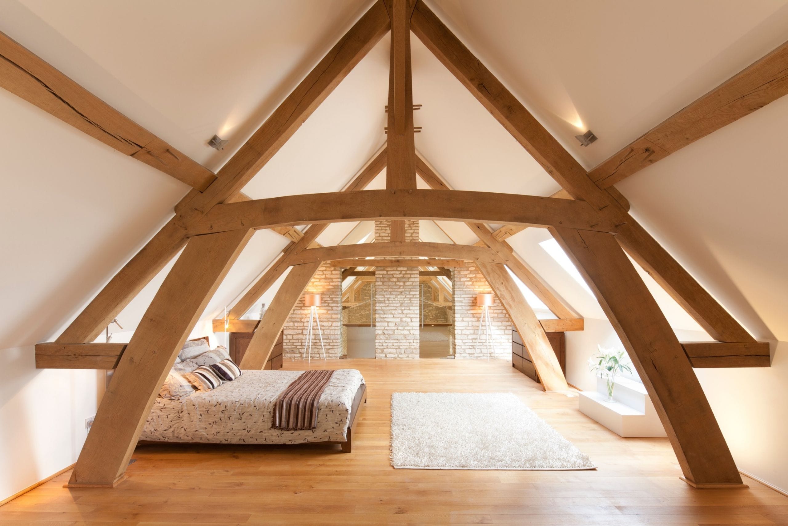 Chantrys Barn Bedroom with oak trusses