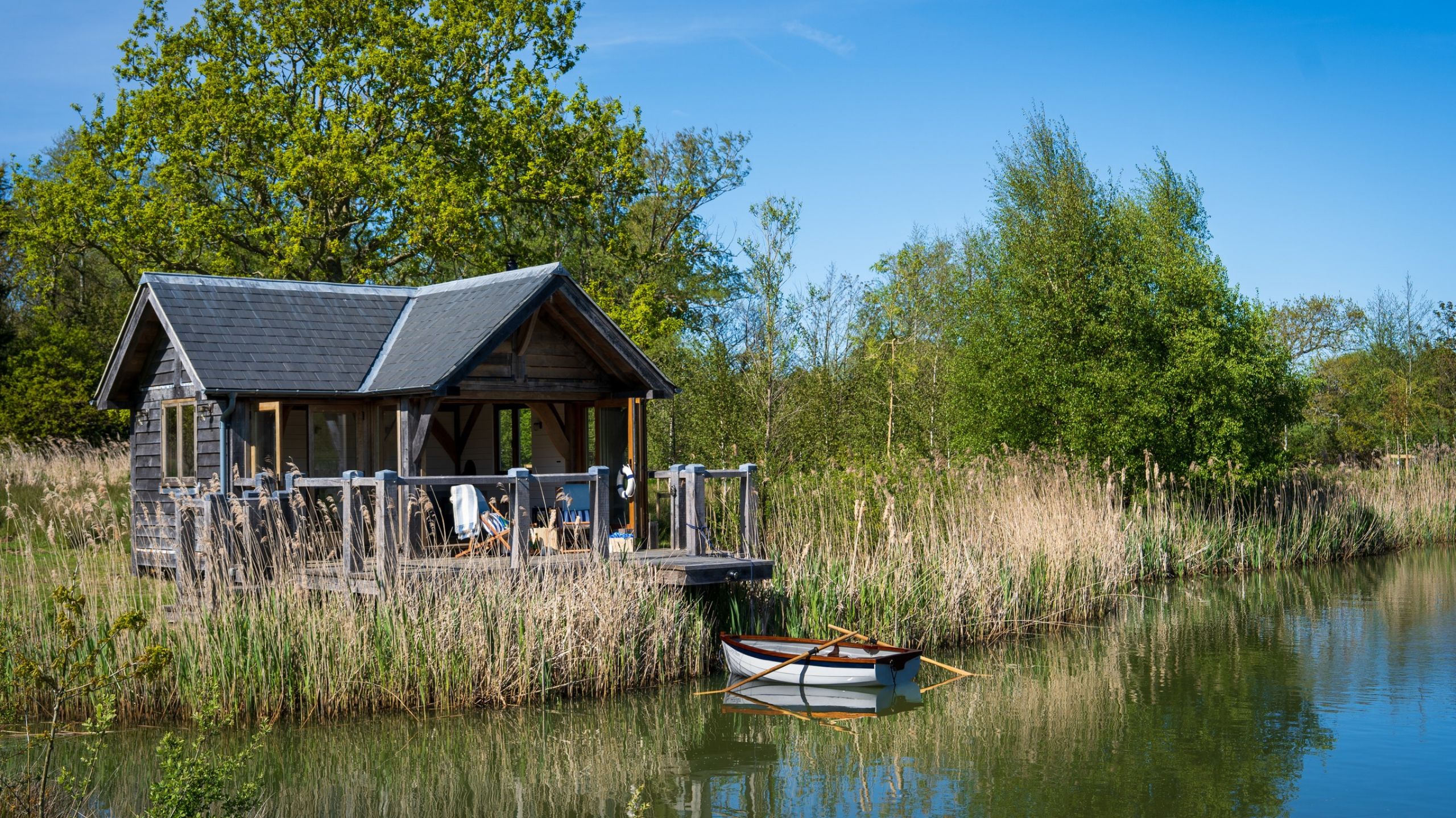 Oak framed boathouse on a lake