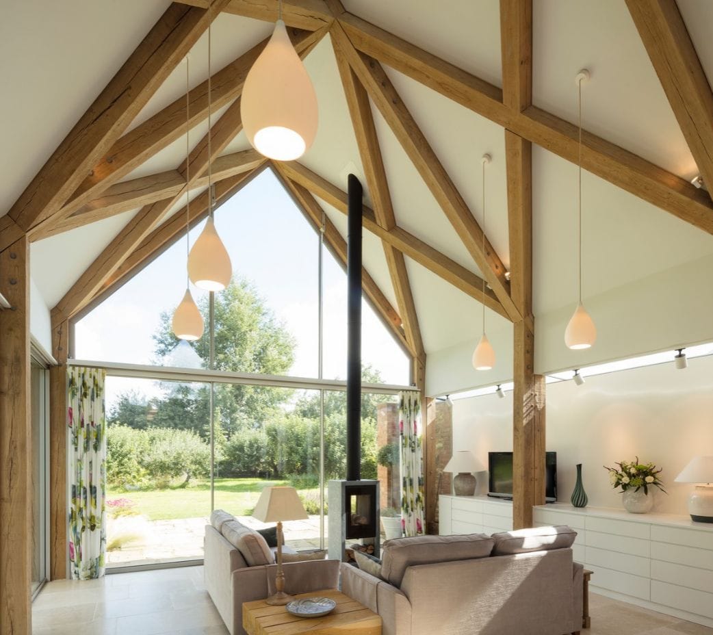 Oak frame living space with vaulted ceiling