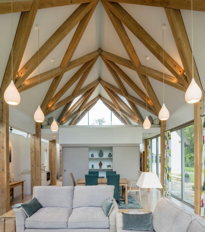 Oak frame extension living room with vaulted ceiling